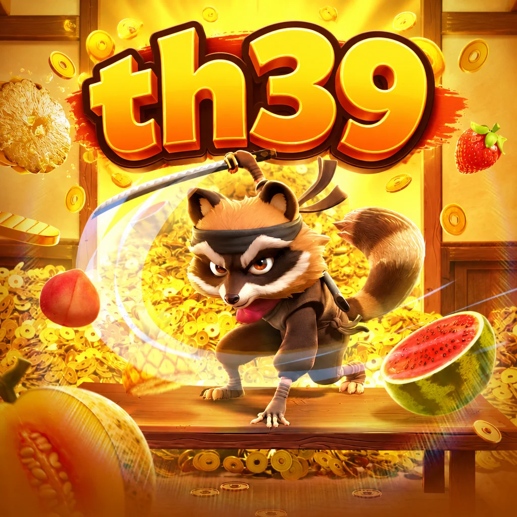 โลโก้ th39 พร้อมแรคคูนนินจาสวมหน้ากากและชุดนินจาสีดำจาก Ninja Raccoon