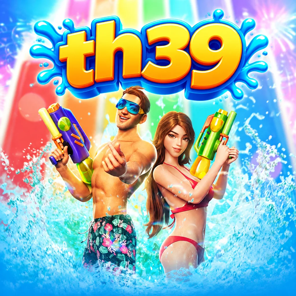 โลโก้ th39 พร้อมตัวละครชายหญิงถือปืนฉีดน้ำในบรรยากาศเทศกาลสงกรานต์จากเกม Songkran Spl