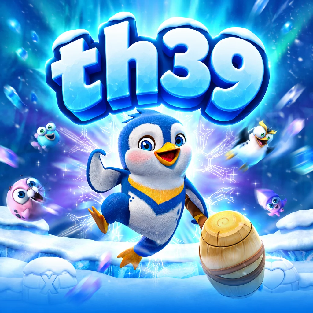โลโก้ th39 น้ำแข็งด้านบนเพนกวินน้อยถือค้อนไม้และเหล่าสัตว์ขั้วโลกจาก The Great Icescape